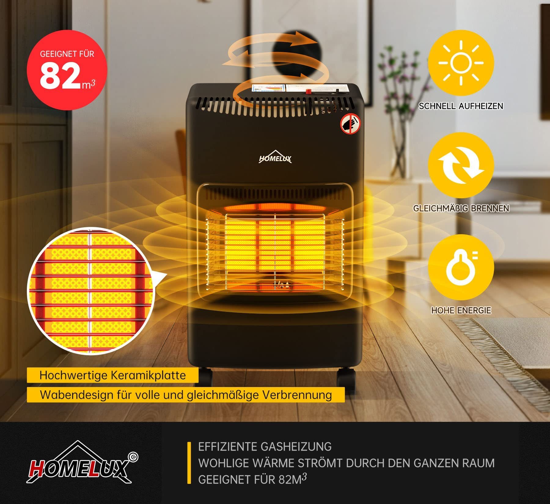 HOMELUX Heizgerät Heizlüfter Gasheizung für Innenräume, Schlauch und Druckminderer, ODS,bis 15kg, 4200W, Infrarot Keramikbrenner, Heizstrahler