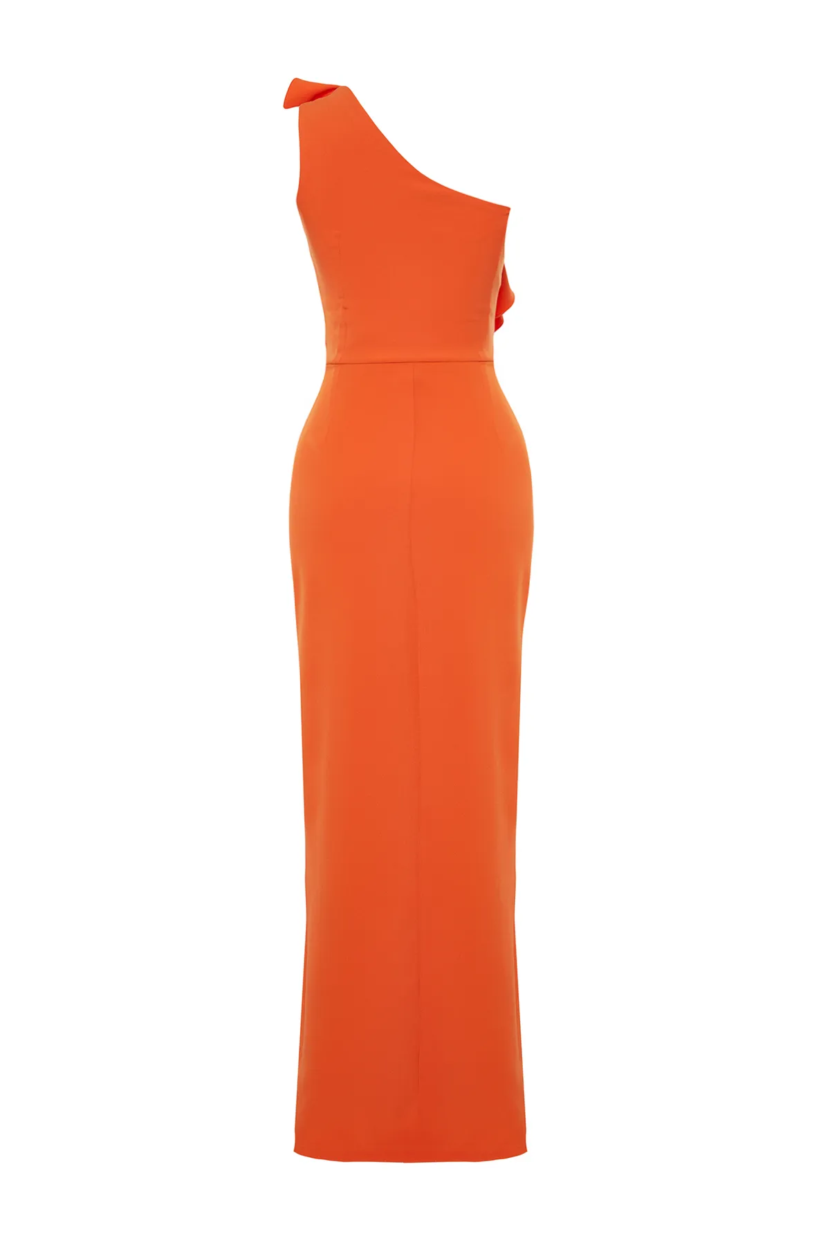 Trendyol Collection  Orangefarbenes, langes Abendkleid aus gewebtem Stoff mit Volants und einem Ärmel TPRSS24AE00130
