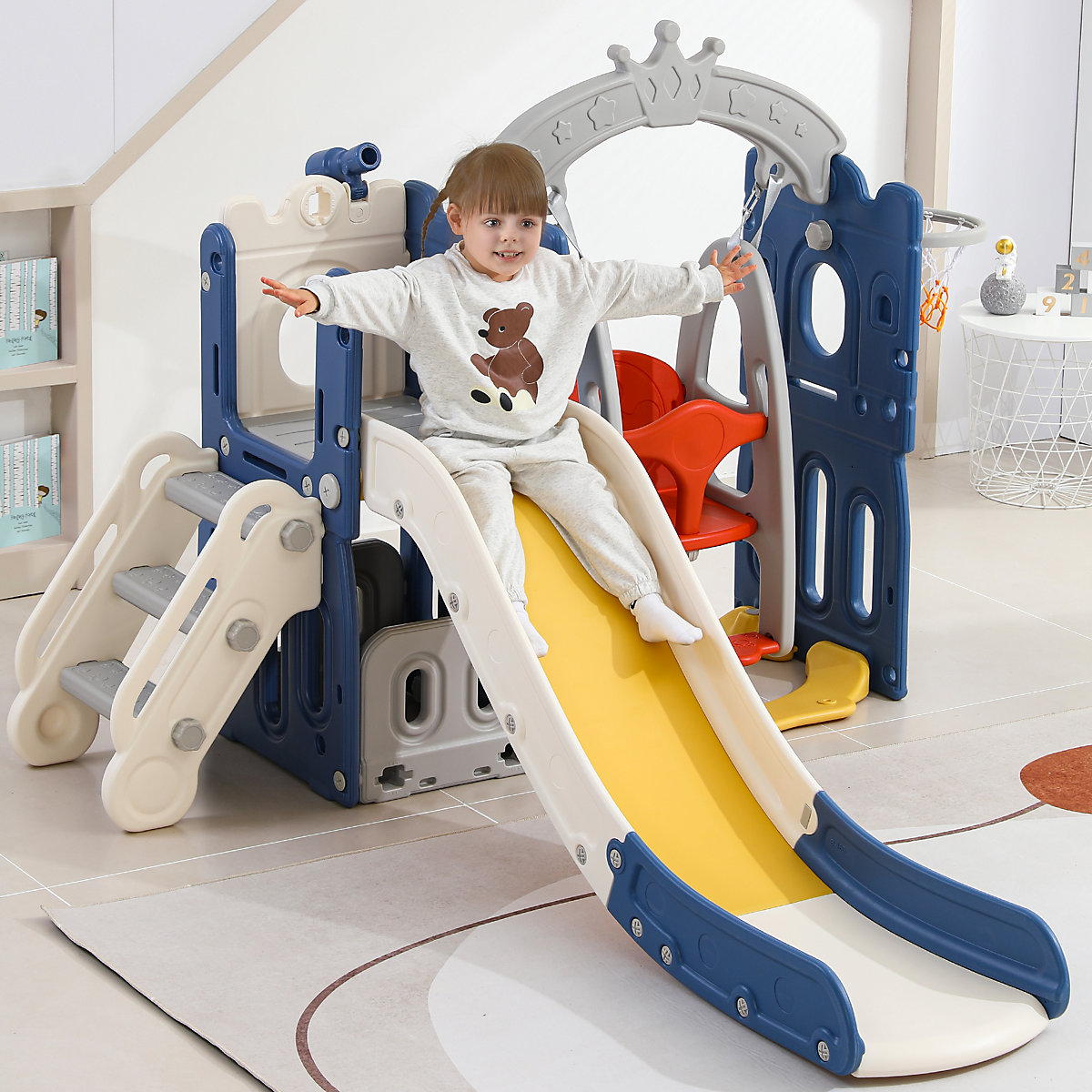 Rutsche 5-in-1 Kinderrutsche mit Schaukeln, Basketballkorb, Kletterspielzeug mit Trittleiter
