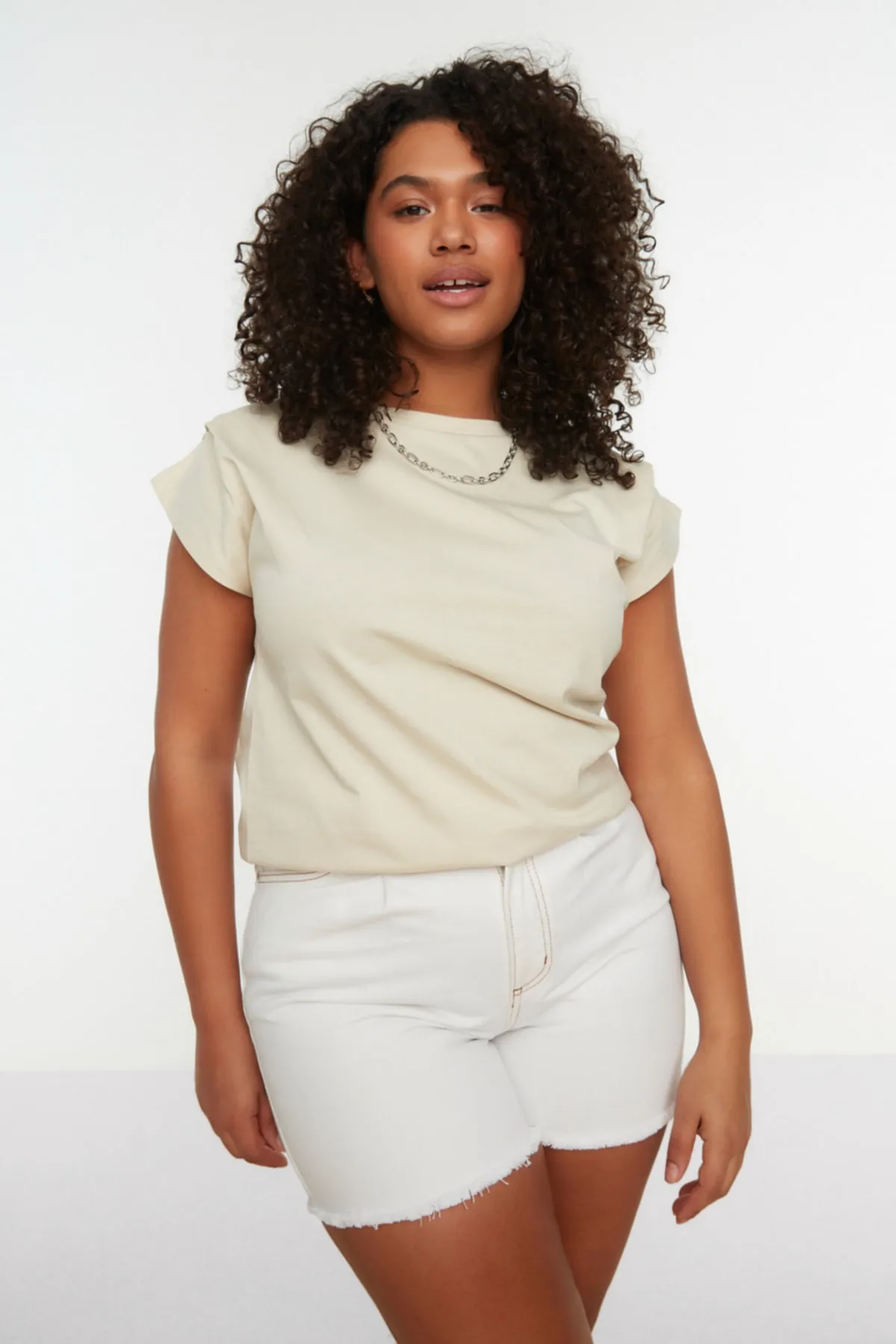 Trendyol Curve  Stone Crew Neck Sleeve Detailliertes Strick-T-Shirt TBBSS22BF0023