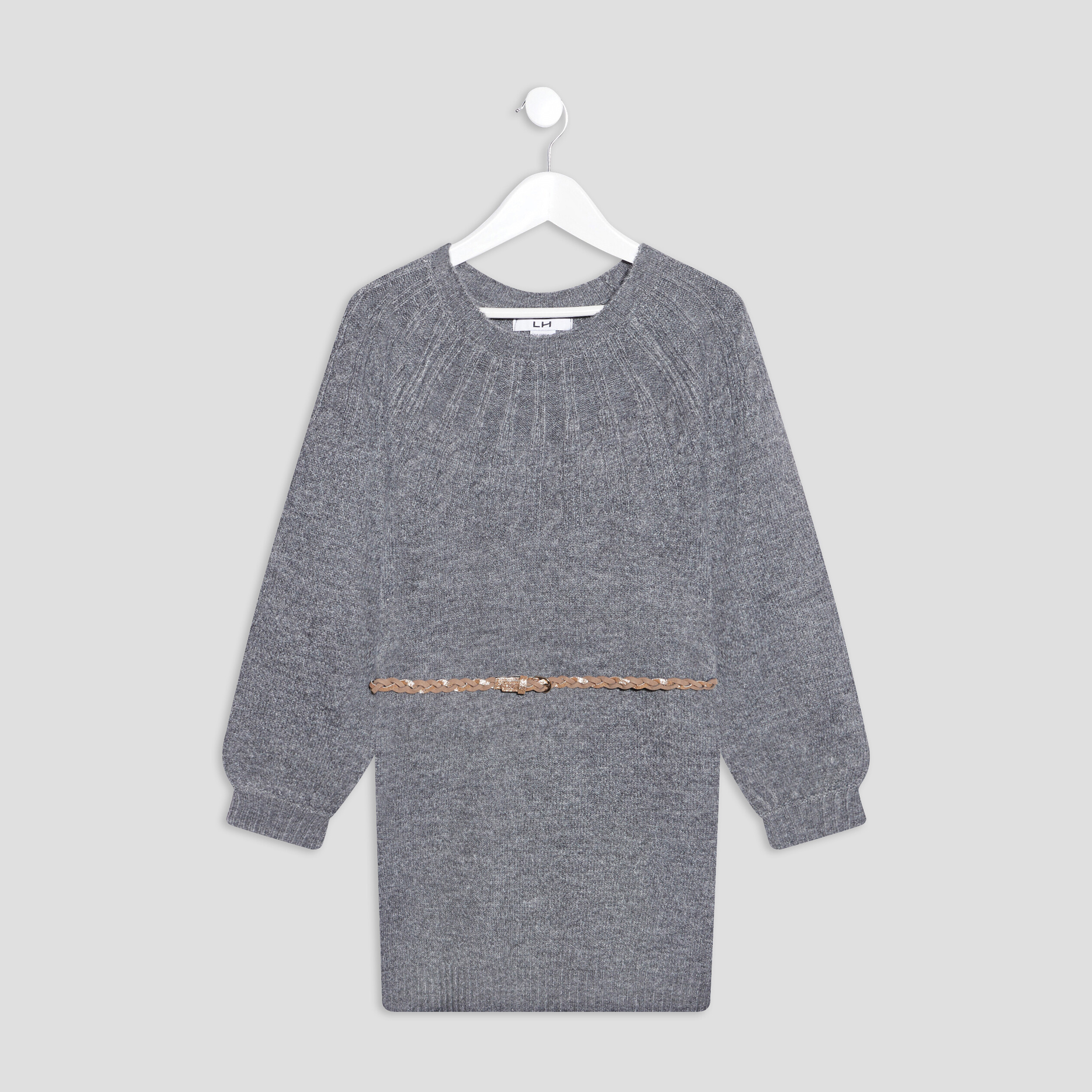 Robe pull droite ceinturée gris foncé fille | La Halle