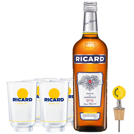PACK RICARD + 6 VERRES ALLONGE LEHANNEUR RICARD NOUVEAU LOGO + BEC VERSEUR