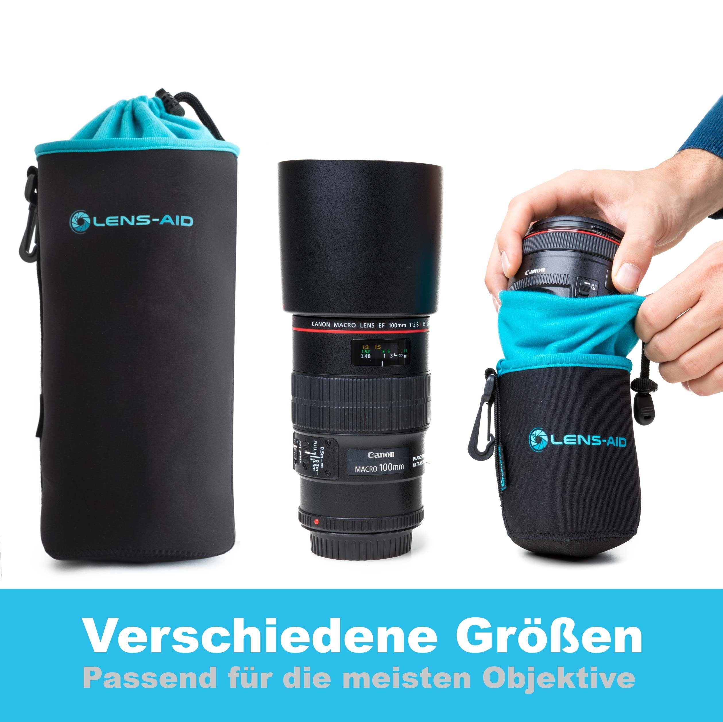 Lens-Aid Kameratasche Neopren Objektivbeutel mit Fleece-Fütterung als Set oder einzeln Objektivtasche BZW. Köcher als Schutz für Objektiv, Blitz, Monitor, Kamera-Zubehör