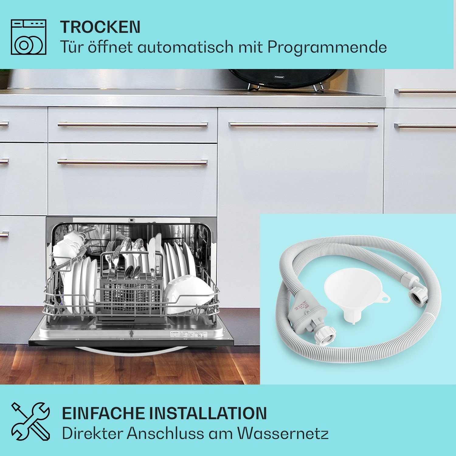 Klarstein Standgeschirrspüler Havasia UV 8 Neo Tischgeschirrspüler UV-Licht freistehend / Einbau 1380W, 10041830, 6.5 l, Spühlmaschine 55 cm freistehend oder einbaufähig schwarz
