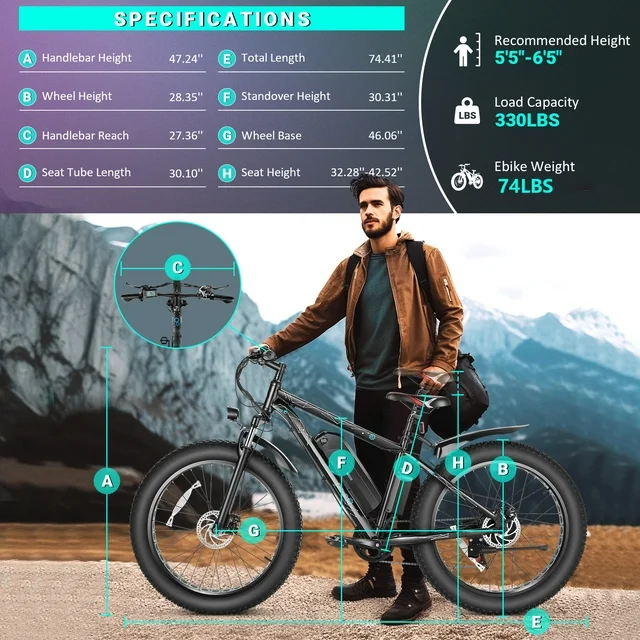 Gocio 26 4.0 Fat Tire Electric Bike for Adults, 500W Adults E Bike, 48V 13Ah Removable Li-Ion Battery, Professional 7-Speed
