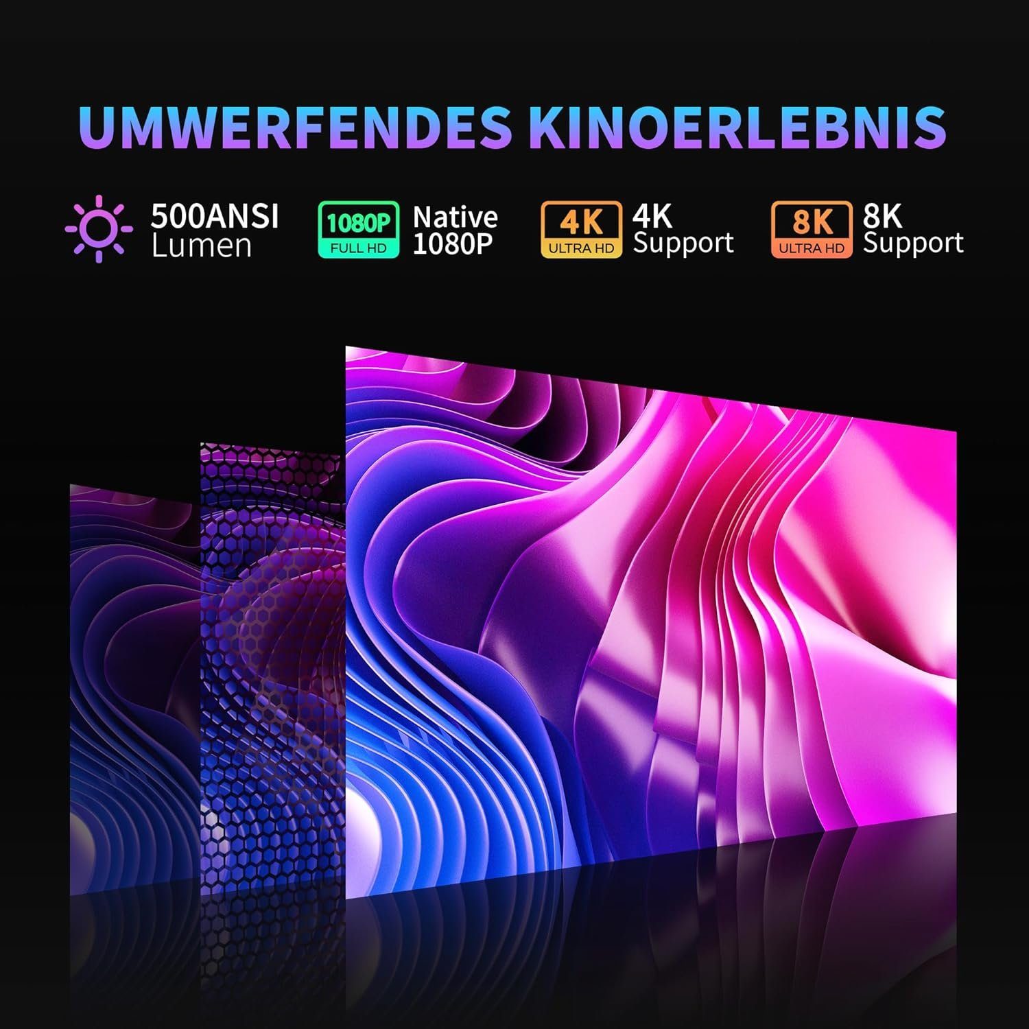 sainyer 4K mit Android 12.0 OS 4GB RAM 32GB ROM, [Digital Focus] Portabler Projektor (500 lm, 20000:1, 3840 x 2160 px, mit WiFi-6,Bluetooth 5.0 4K 8K-Unterstützung,Outdoor ZOOM 300)