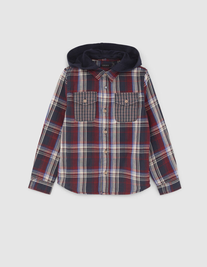 Chemise rouge mix carreaux capuche amovible garçon