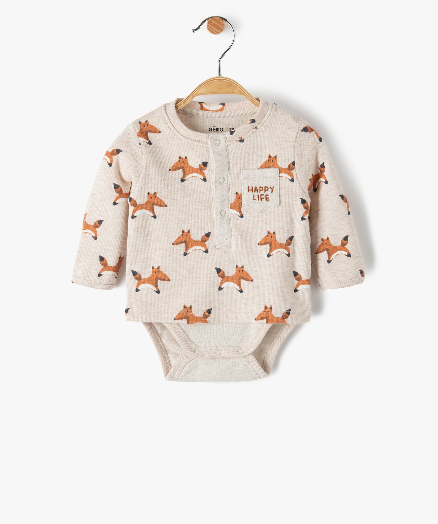 Body bébé à manches longues effet tee-shirt beige | GEMO