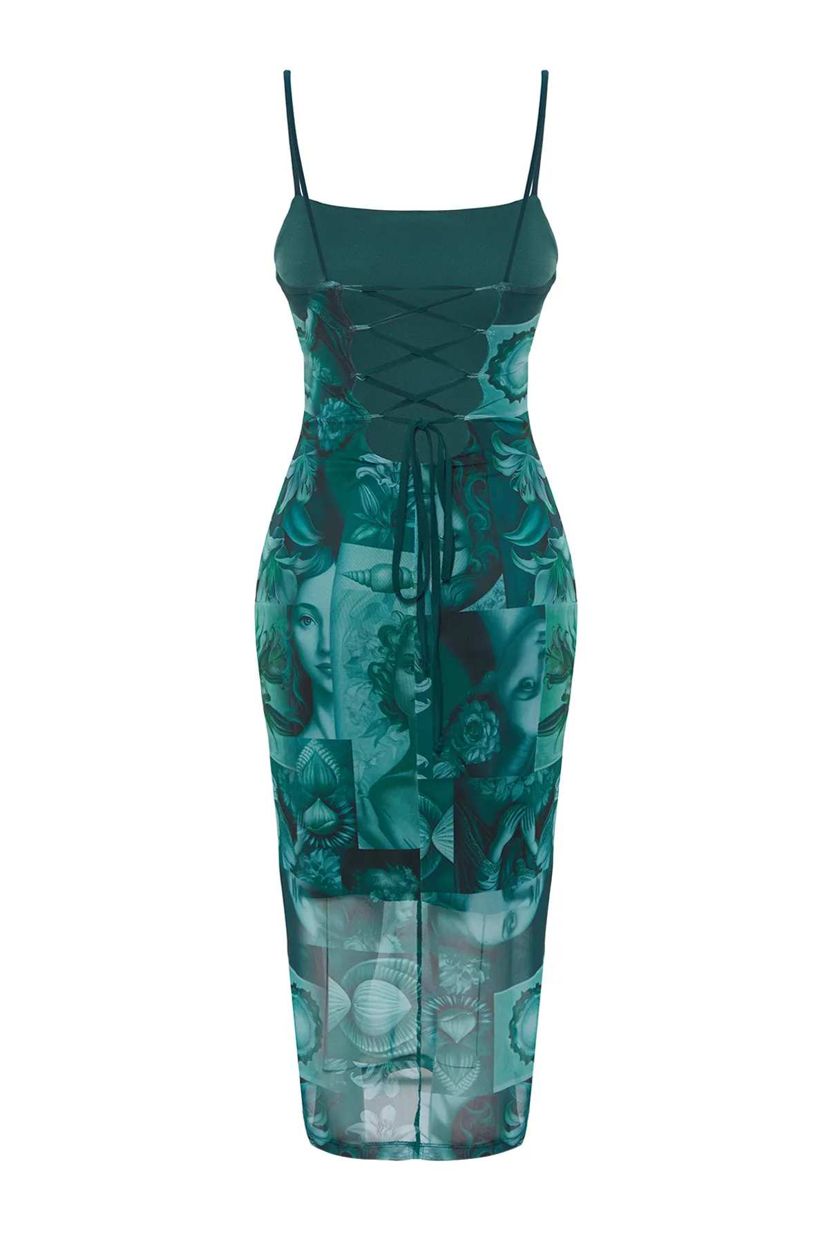 Trendyol Collection  Smaragdgrünes tailliertes/tailliertes Midi-Bleistiftkleid aus flexiblem Strick und Riemchen mit quadratischem Ausschnitt TWOSS22EL00726