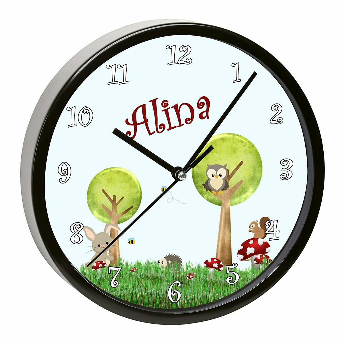 Kinder Wanduhr laufruhig personalisiert mit Name Waldwiese