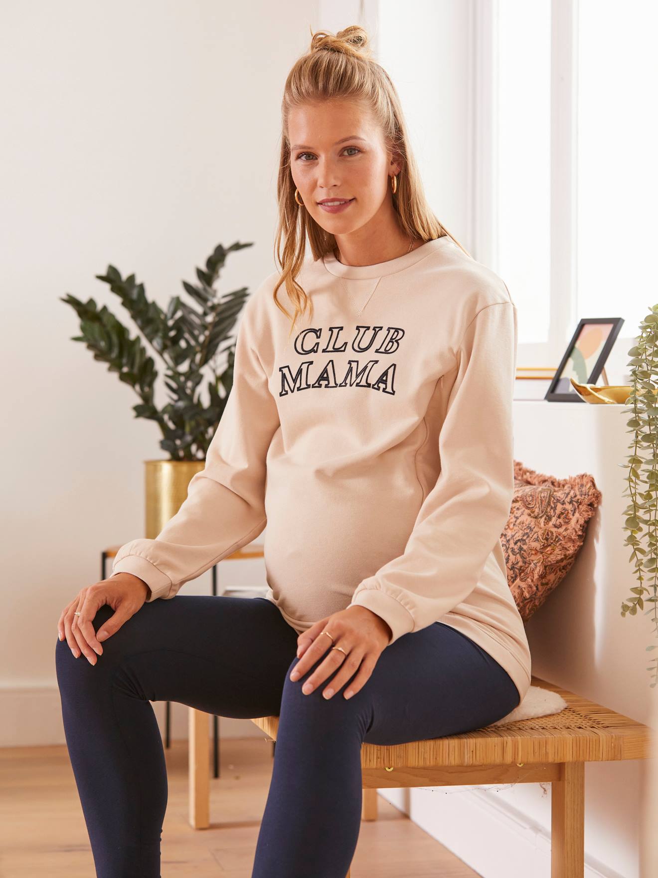 Ensemble 2 pièces homewear grossesse et allaitement beige / bleu marine