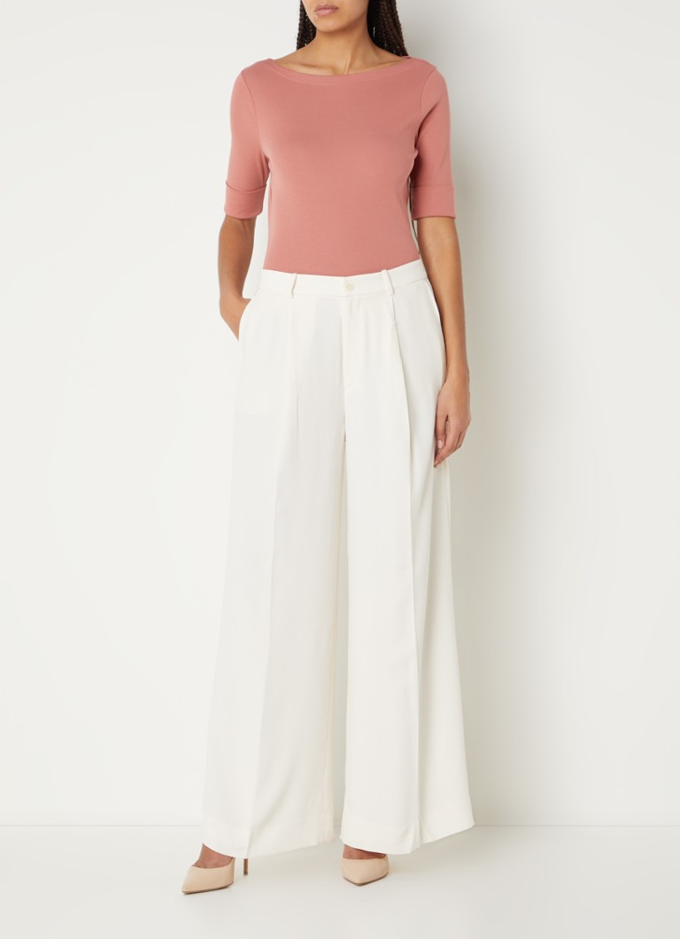 Pantaloni Ralph Lauren cu talie înaltă, lațime pe picioare, buzunare laterale și cute pronunțate.