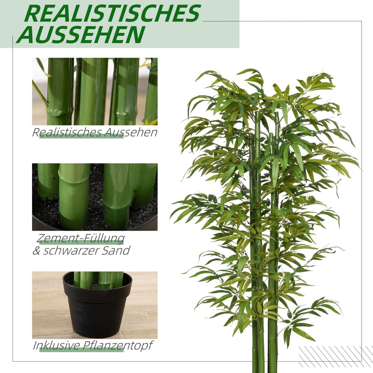 HOMCOM Künstliche Pflanze, 180 cm Kunstpflanze, Künstlicher Bambusbaum, Grün