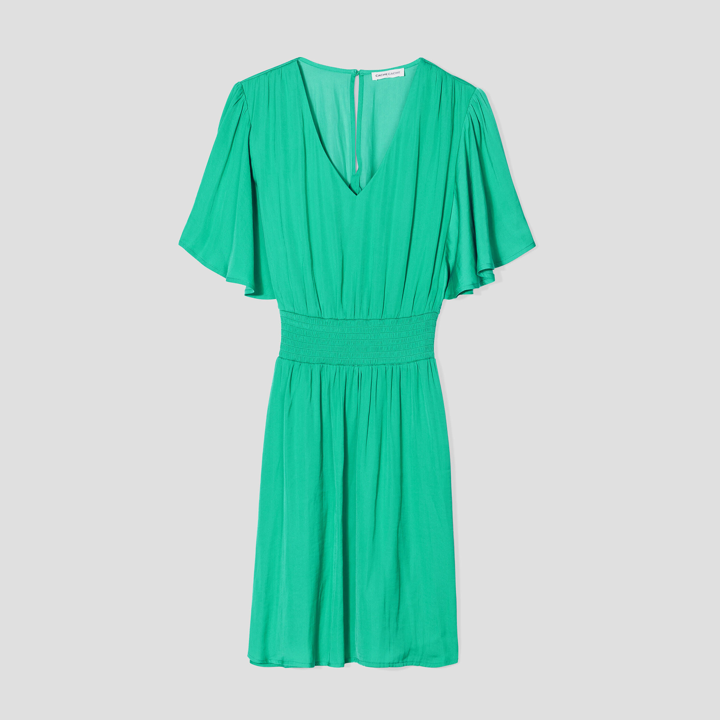 Robe cintrée smockée satin vert menthe femme | Cache Cache