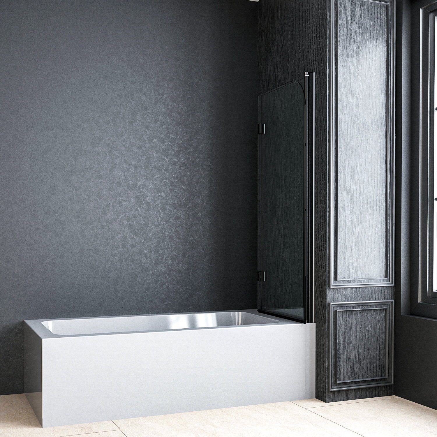 Boromal Badewannenaufsatz Duschwand für Badewanne Schwarz 120 x 140cm Faltbar Duschabtrennung, (Klarglas /Teilsatiniert glas), Badewannenfaltwand Glaswand 6mm ESG Glas