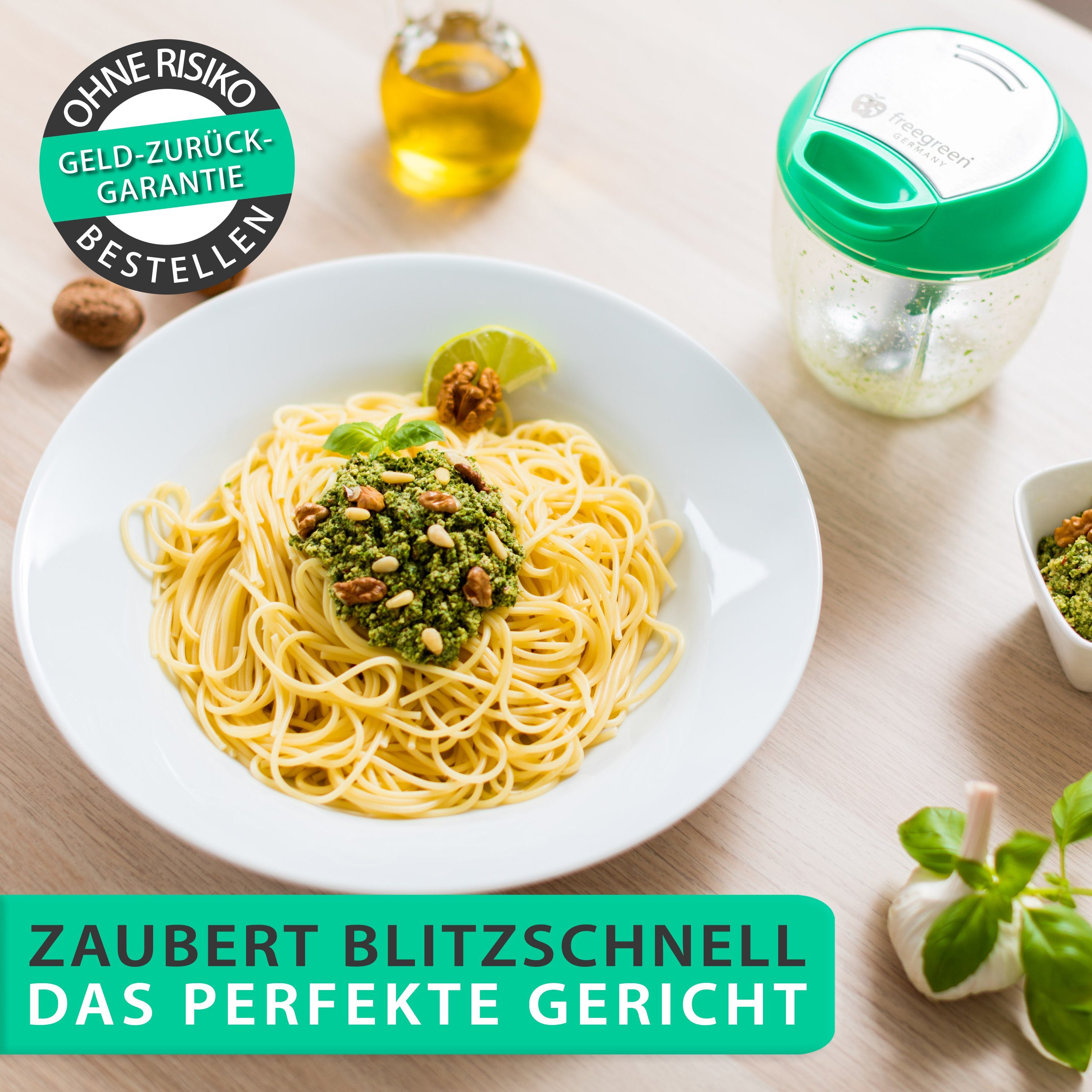 freegreen® Zwiebelhacker 940 ml, Multi-Zerkleinerer I Zwiebelschneider I Universalzerkleinerer, Edelstahl Gemüseschneider mit Mixer-Einsatz und Frischhaltedeckel