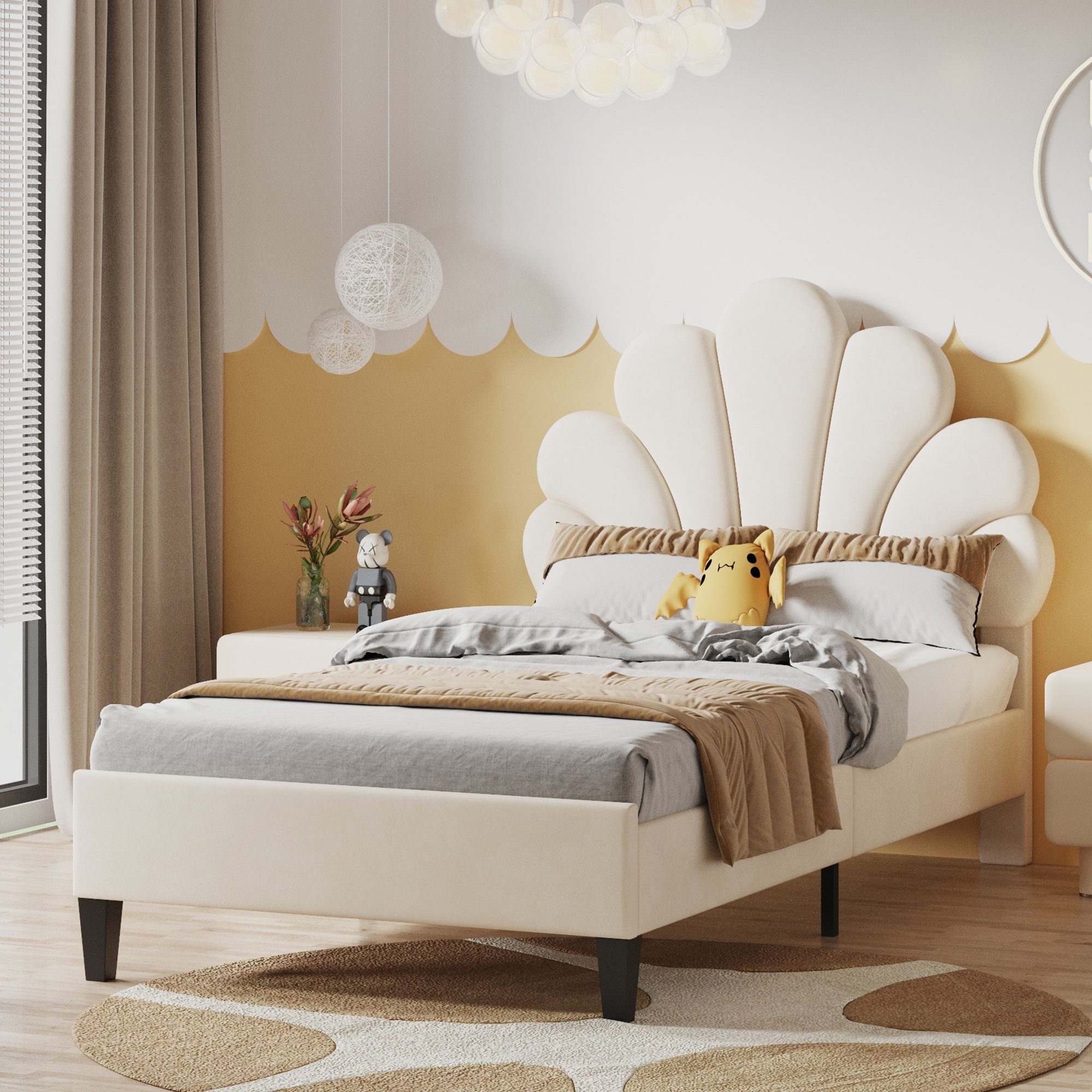 Flieks Polsterbett, Einzelbett Kinderbett Blumenform-Kopfteil Samt 90x200cm