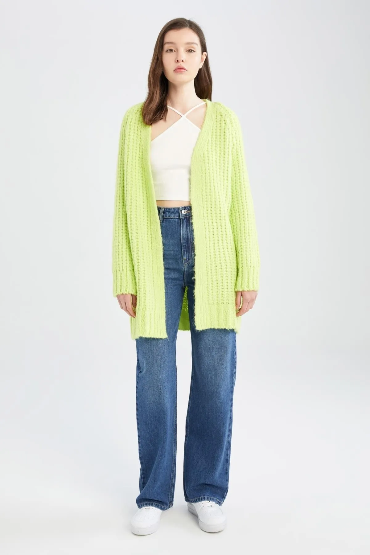DeFacto  Long Fit V-Ausschnitt Weich strukturierte lange Basic-Strickjacke U6718az22au