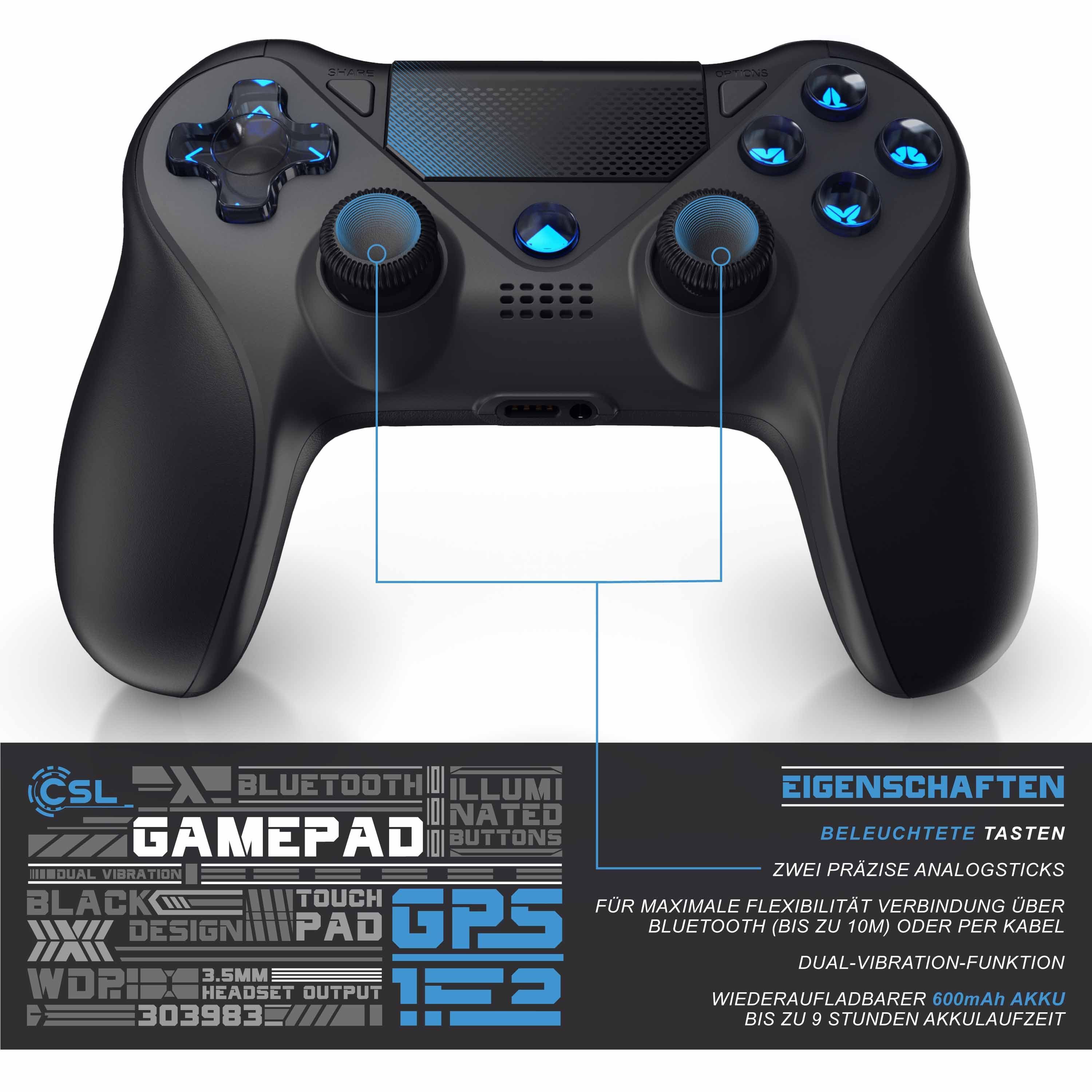 CSL Gaming-Controller (1 St., Wireless Gamepad für PS4 & Switch, Bluetooth & Kabel, Touchpad, Akku)