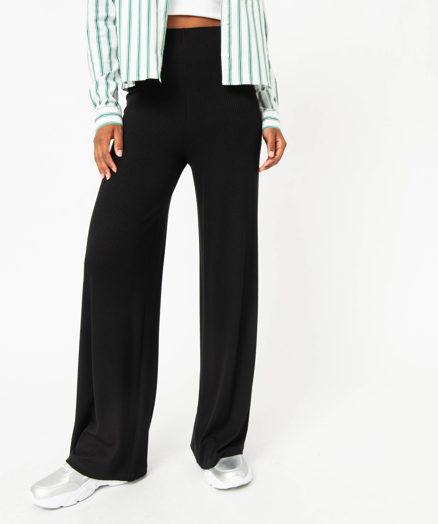 Pantalon large en maille ctelée femme noir | GEMO