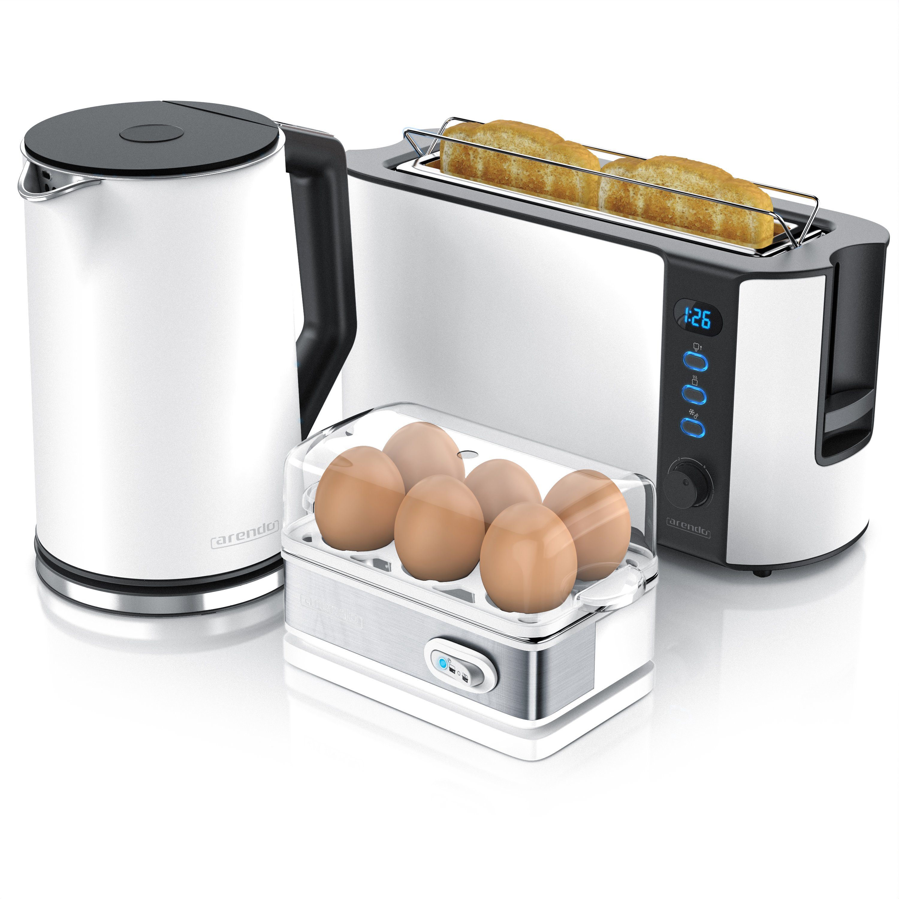 Arendo Frühstücks-Set (3-tlg), Wasserkocher 1,5l / 2-Scheiben Toaster / Eierkocher, Edelstahl, Weiß