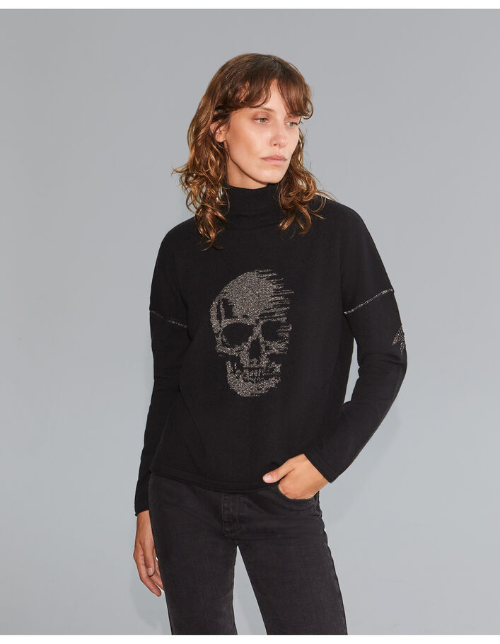 Pull noir col roulé tricot visuel tête de mort Femme