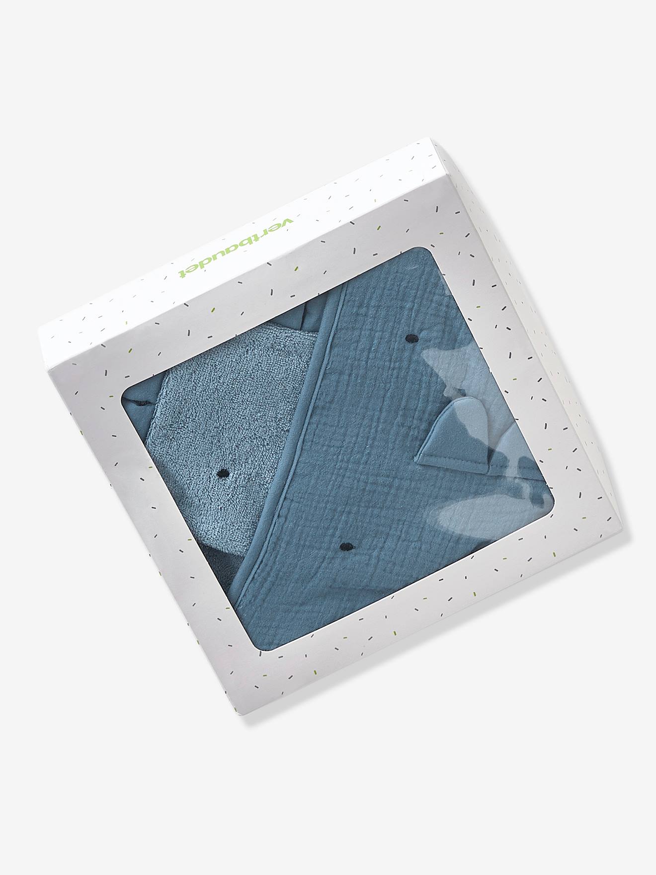 Cape de bain bébé en gaze de coton + gant de toilette PETIT DINO bleu