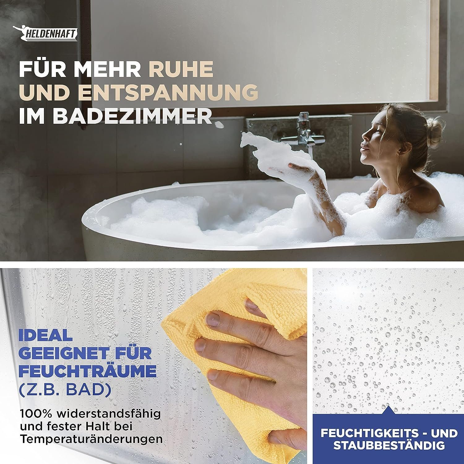 HELDENHAFT Sichtschutzfolie Fensterfolie Blickdicht - Milchglasfolie - Badfenster Sichtschutz, selbstklebende Fensterfolie, blickdicht, Sichtschutzfolie Fenster