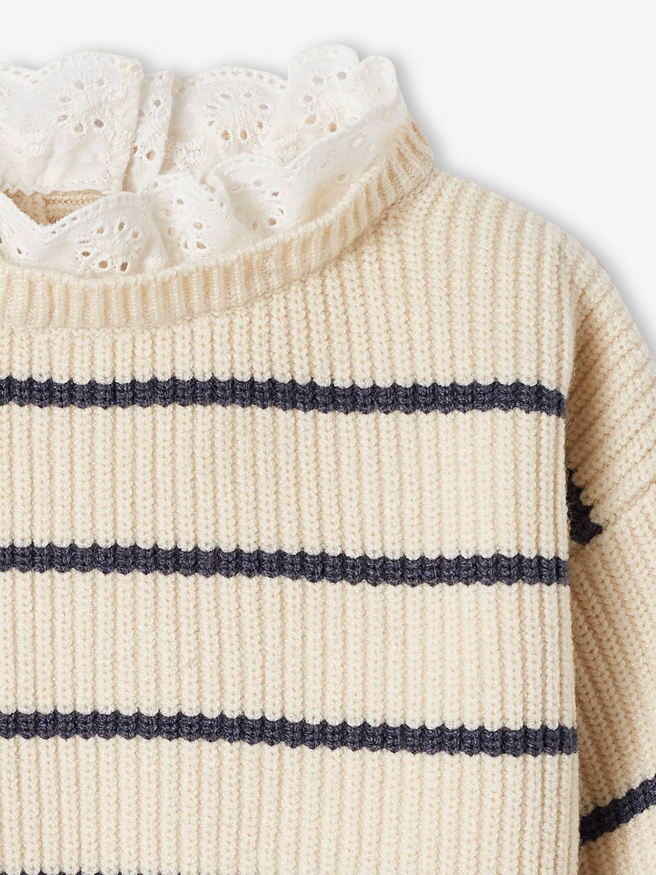 Pull en côte perlée bébé col en broderie anglaise rayé marine