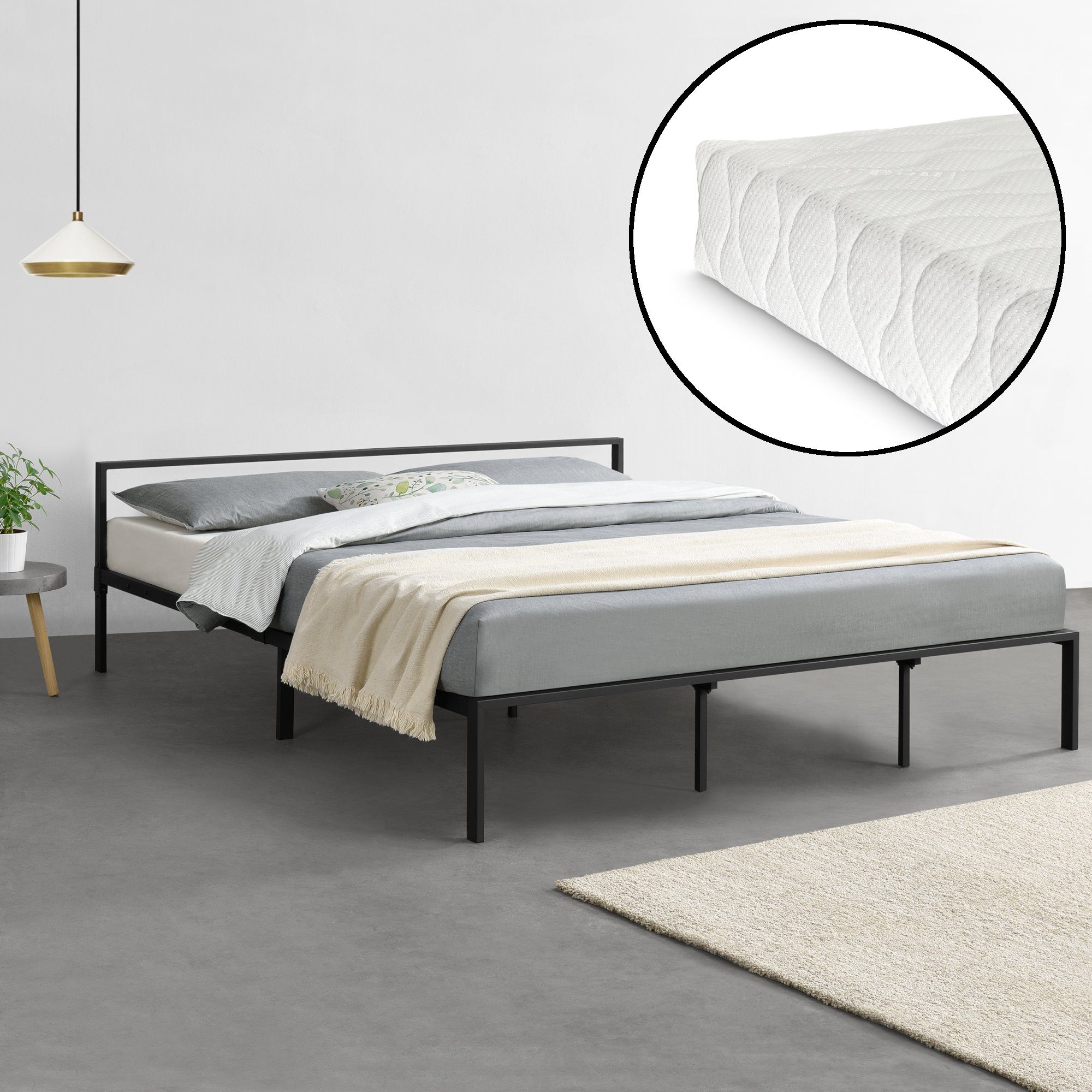 en.casa Metallbett, Imatra Bettgestell mit Kaltschaummatratze 180 x 200 cm Schwarz