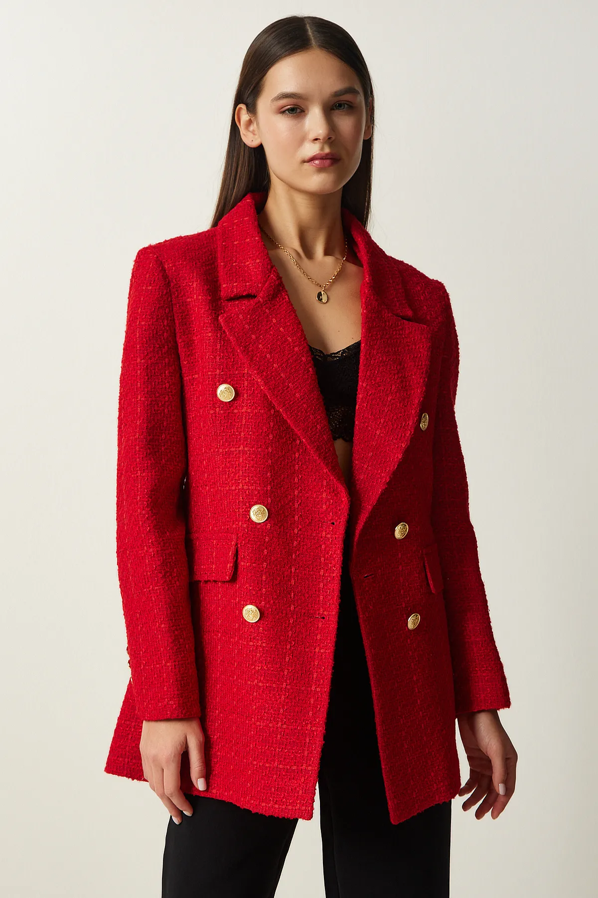 Happiness İstanbul  Damen-Blazer mit roten Knöpfen und Tweed-Jacke WF00004