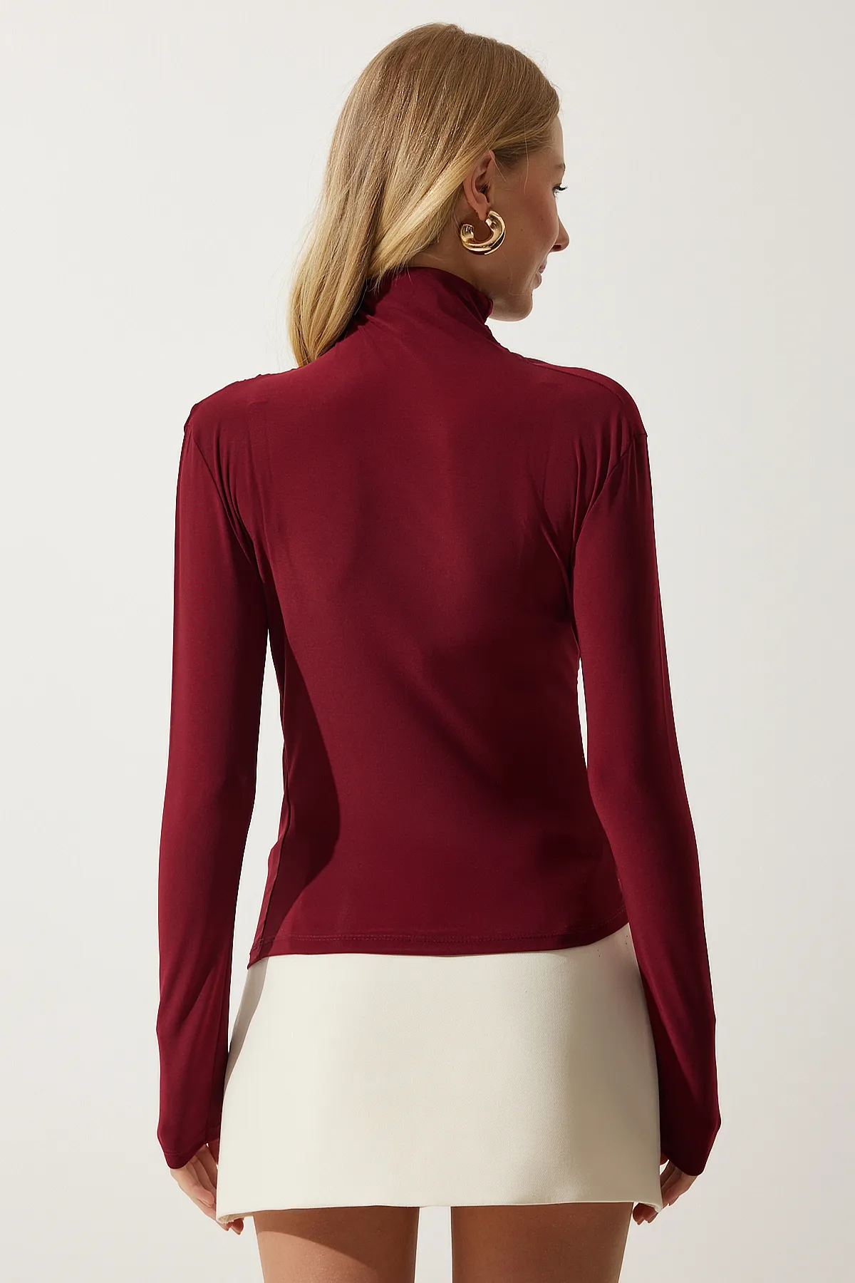 Happiness İstanbul  Burgunderrote Sandy Bluse mit Stehkragen und Kordelzug für Damen FF00135