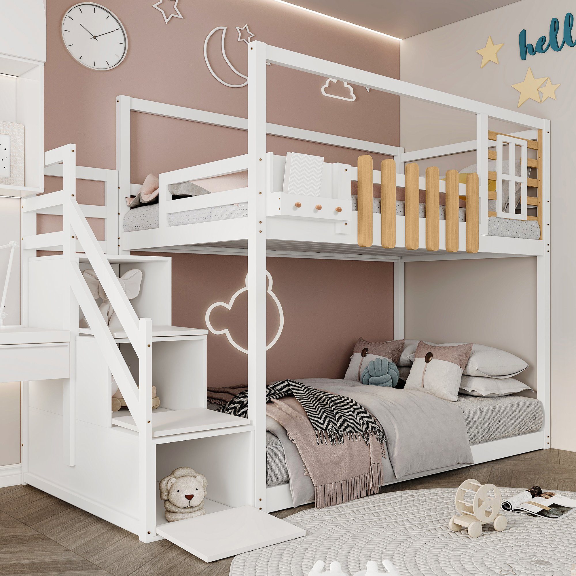 REDOM Kinderbett Kinderbett Einzelbett Gästebett Bett (mit 3 Schließfächer in der Treppe, mit Fallschutzgitter, mit Treppe, Fenster und Regalkasten), Rahmen aus massivem Kiefernholz, Ohne Matratze