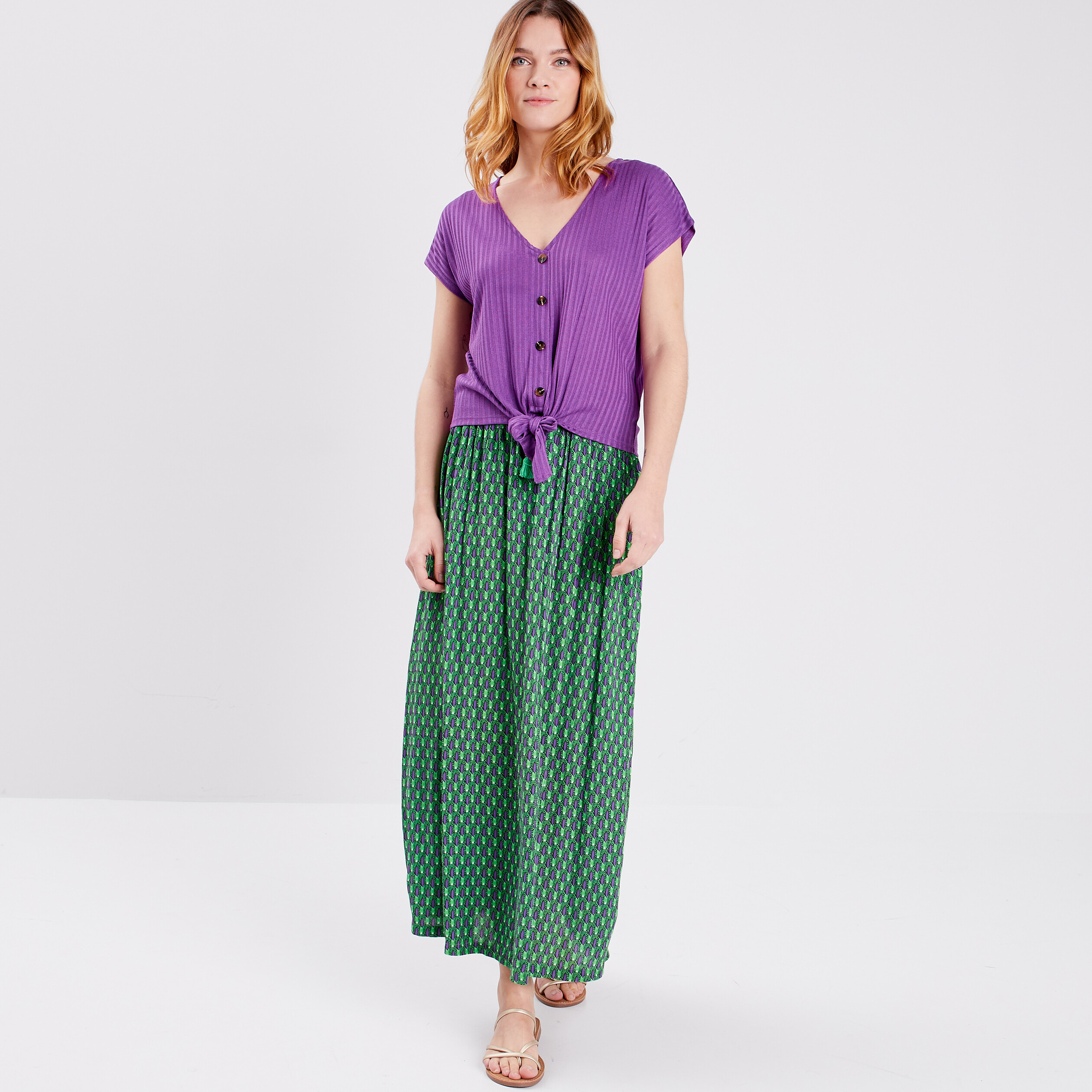T-shirt manches courtes avec noeud violet femme | La Halle