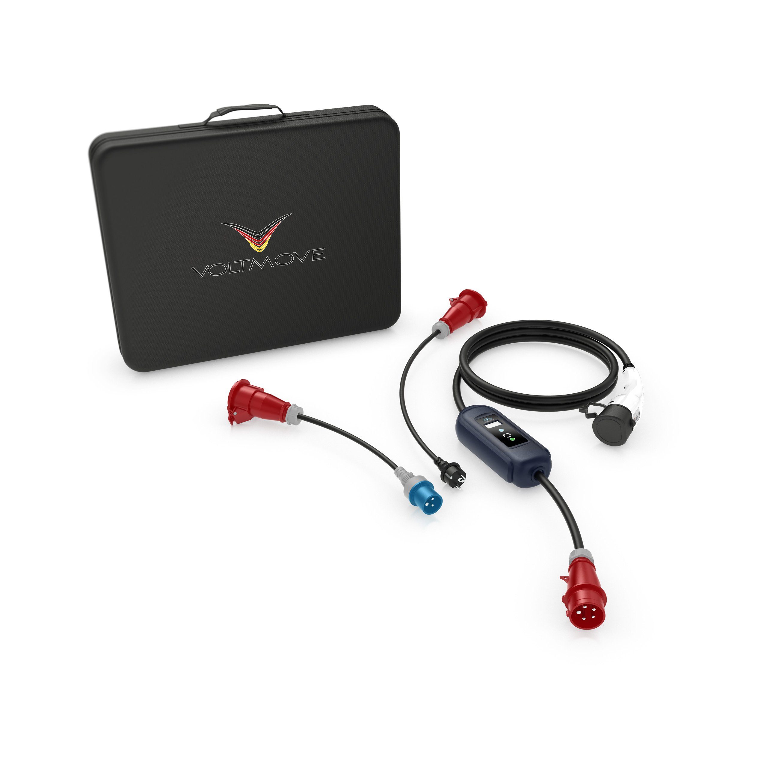 VOLTMOVE mobile Elektroauto-Ladestation Typ 2 auf CCE16 3P mit mobiler Wallbox, 11,00kW / 16A, Reise-Set mit 2 Adaptern, Wandhalterung & Koffer