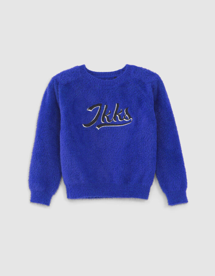 Pull bleu pailleté et brodé maille mousseuse fille