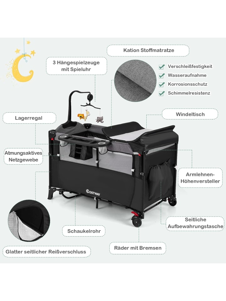 COSTWAY 5-in-1-Babybett in Schwarz günstig kaufen 120 cm