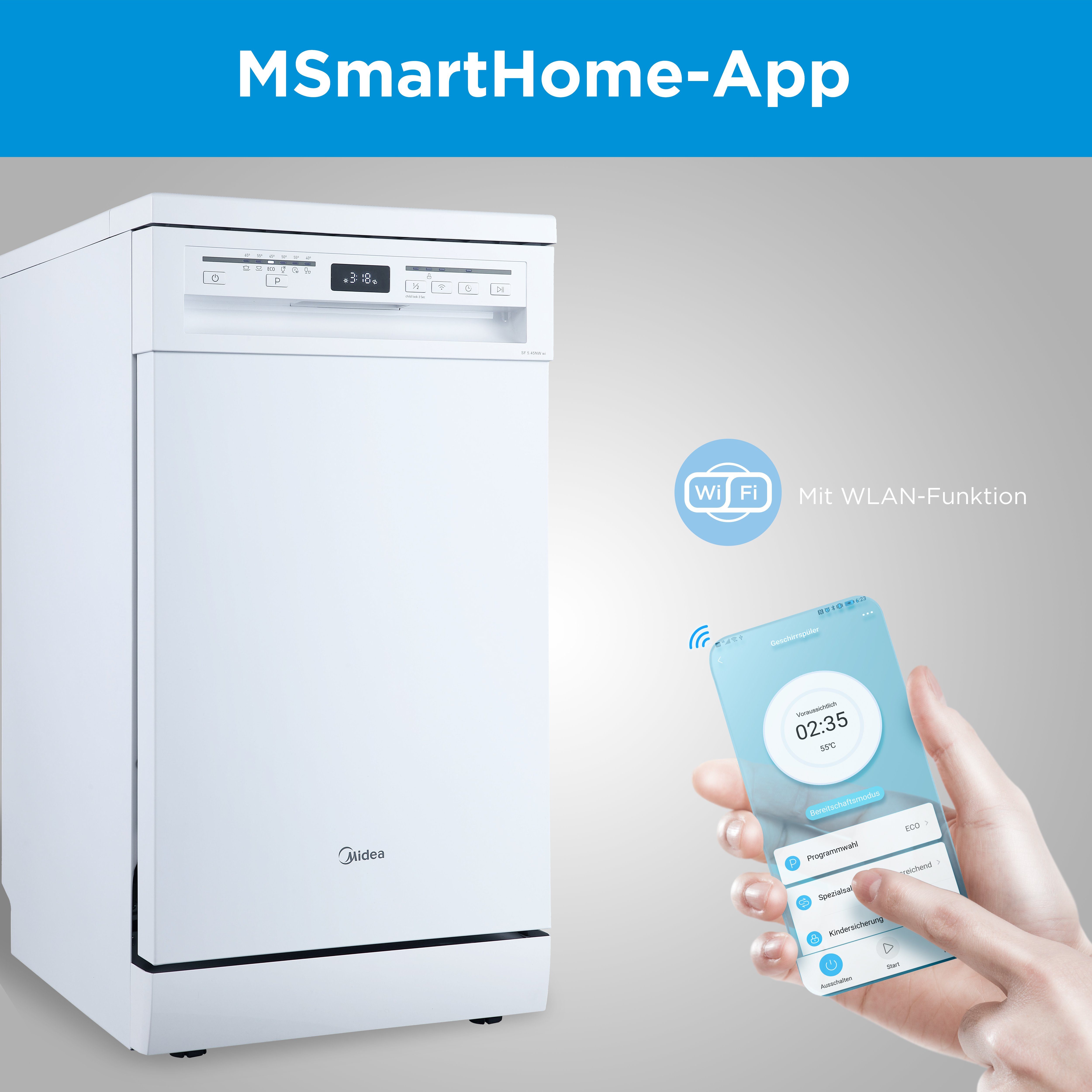 Midea Standgeschirrspüler, SF 5.45NW wi, 6 Programme, 47 dB, 1-24H Startzeitvorwahl, Aquastop