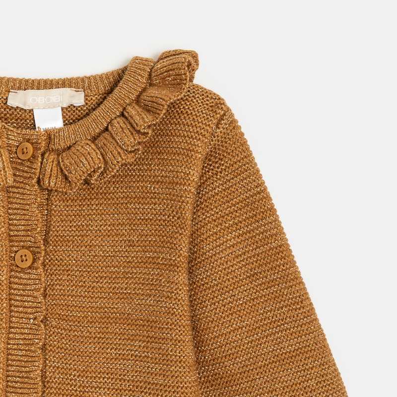 Gilet maille tricot col fantaisie marron bébé fille