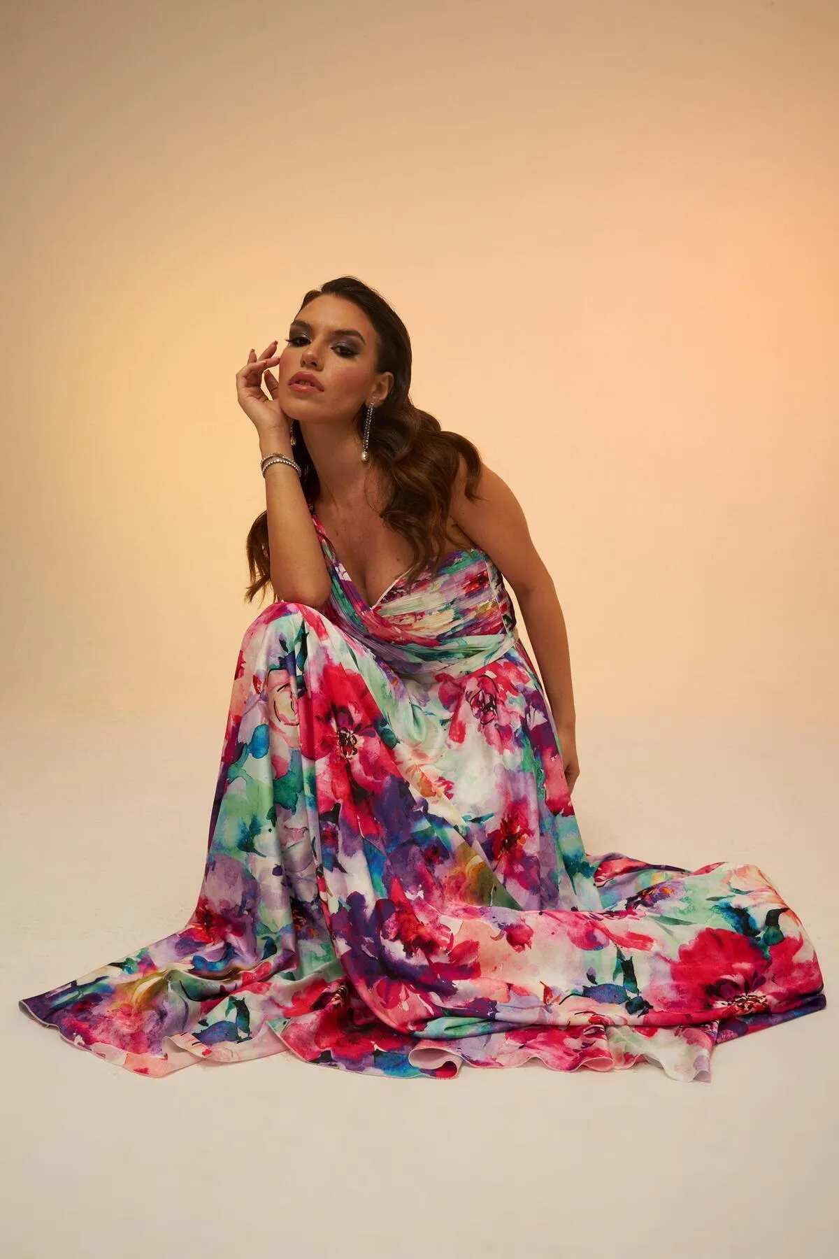 Carmen  Fuchsia bedrucktes, einärmliges langes Abendkleid