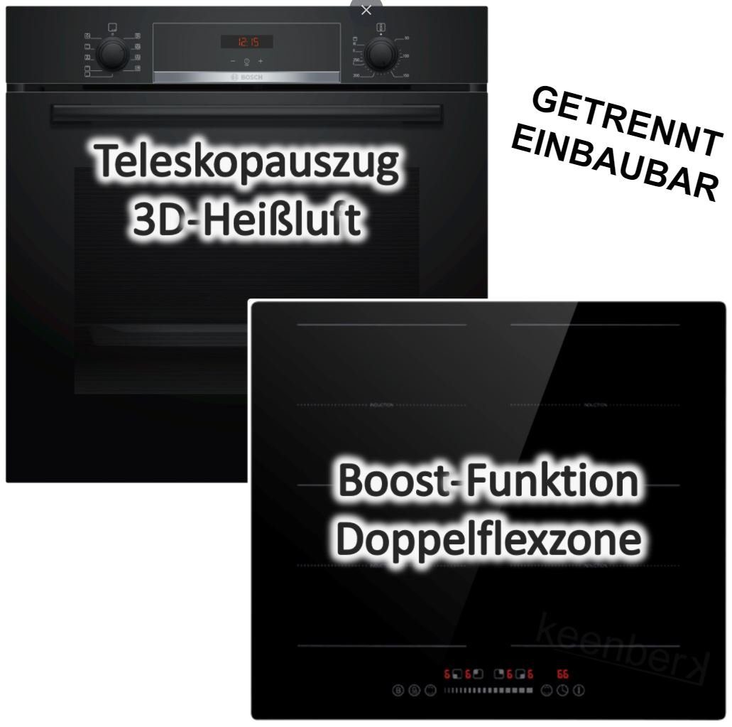 BOSCH Backofen-Set Backofen Teleskopauszug mit PKM Induktionskochfeld schwarz autark 60cm, mit 1-fach Teilauszug