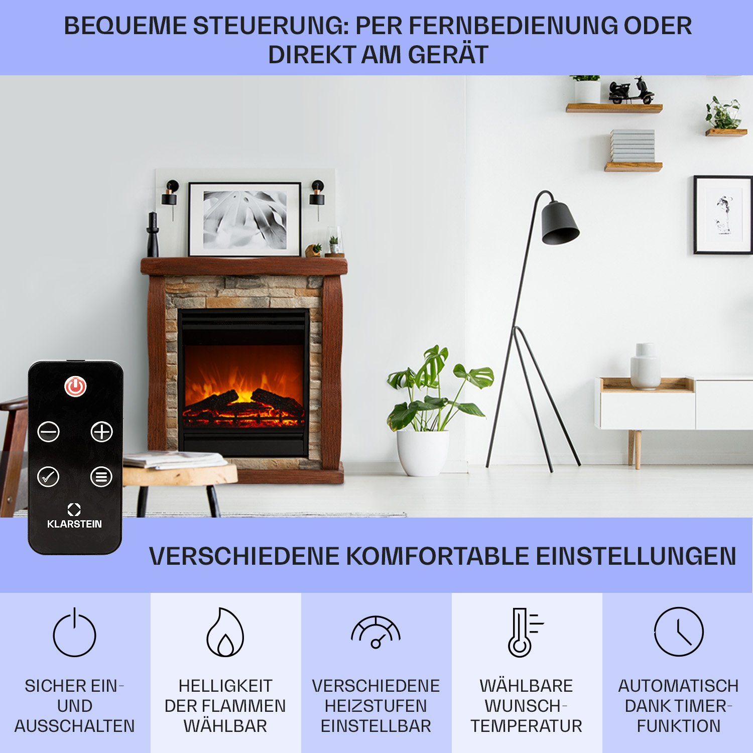 Klarstein Elektrokamin Lienz, elektrischer Kamin mit Heizfunktion Heizlüfter elektrischer Kaminofen