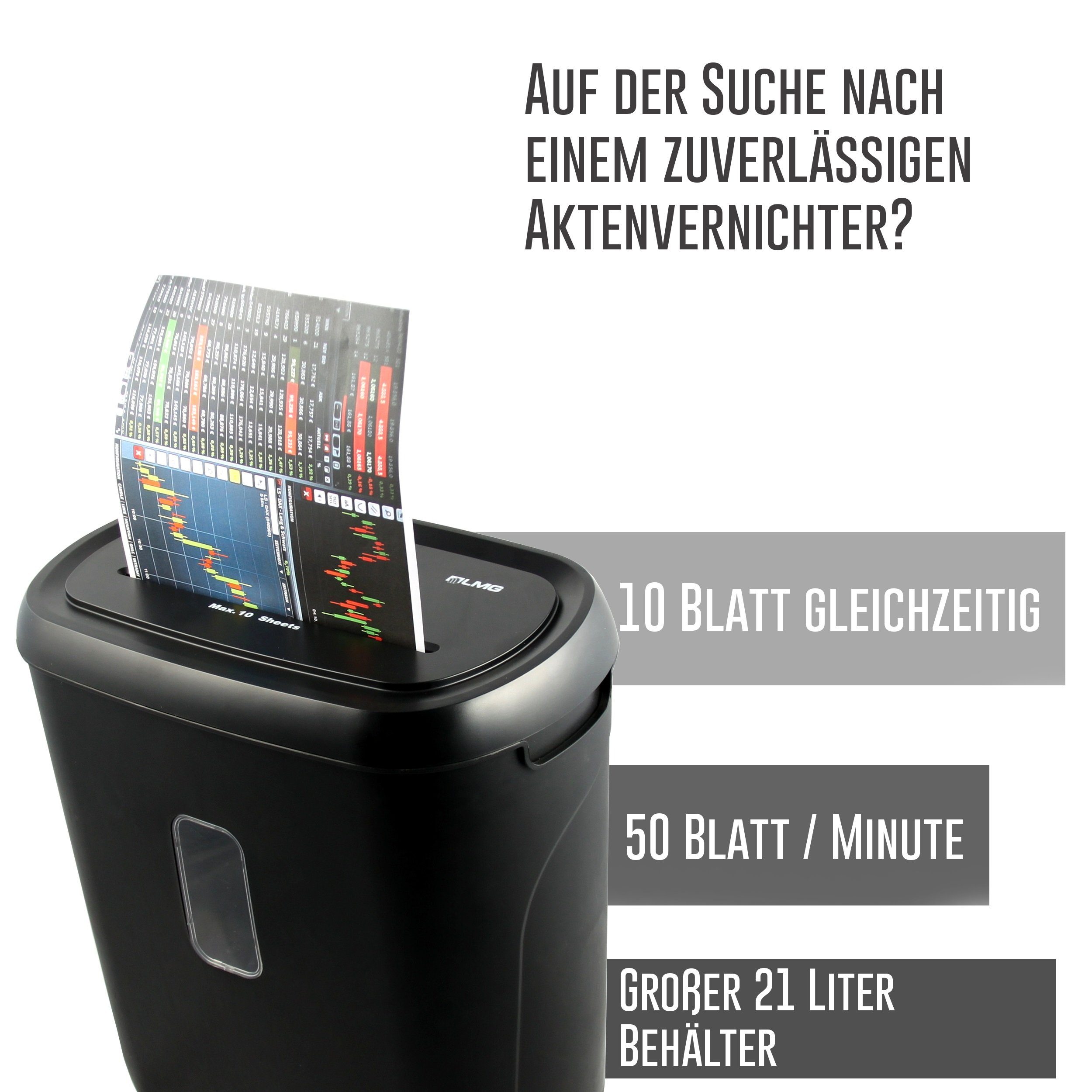 LMG Germany Aktenvernichter Premium Hochsicherheits 10 Blatt Aktenvernichter - Partikelschnitt, 21 Liter Behälter, 2,2 Meter/Minute, schwarz, Kreuzschnitt, DSGVO