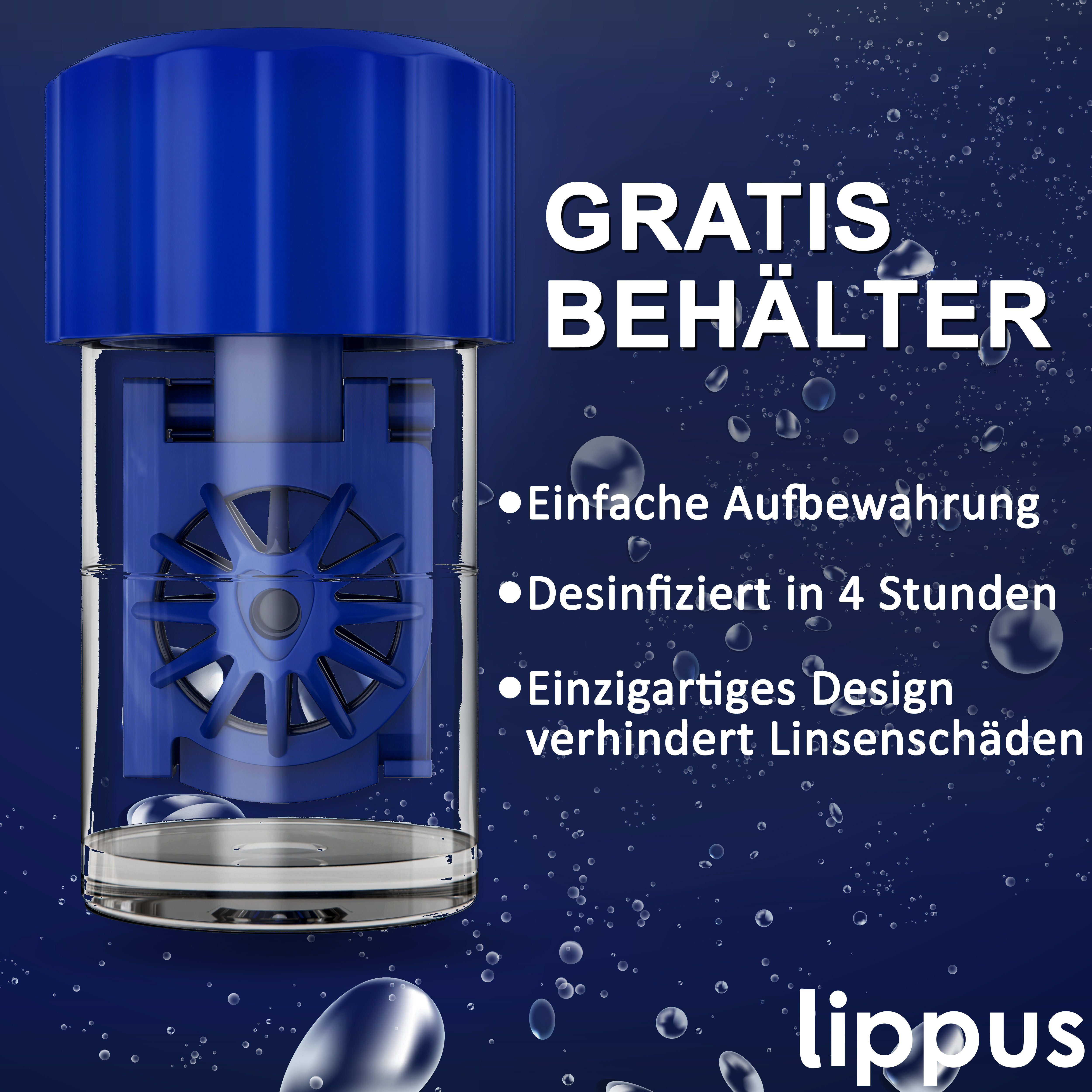 lippus Kontaktlinsenflüssigkeit PREMIUM All-In-One Kontaktlinsen Fluessigkeit – Made in Germany, Mit Kontaktlinsen Behälter - Reinigt & desinfiziert, Geeignet für weiche Linsen, sowie Wochen- und Monatslinsen