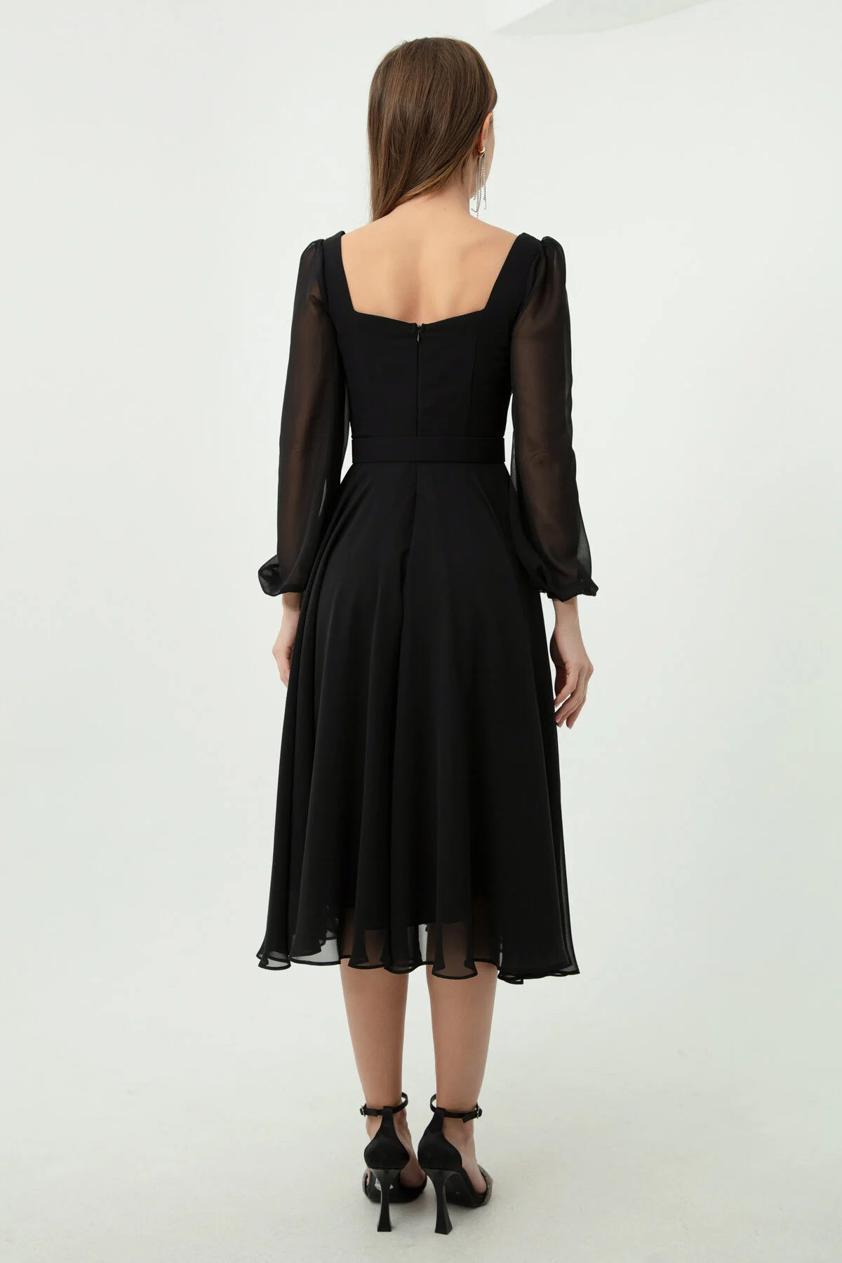 Lafaba  Schwarzes Abendkleid aus Midi-Chiffon mit quadratischem Ausschnitt und Gürtel für Damen