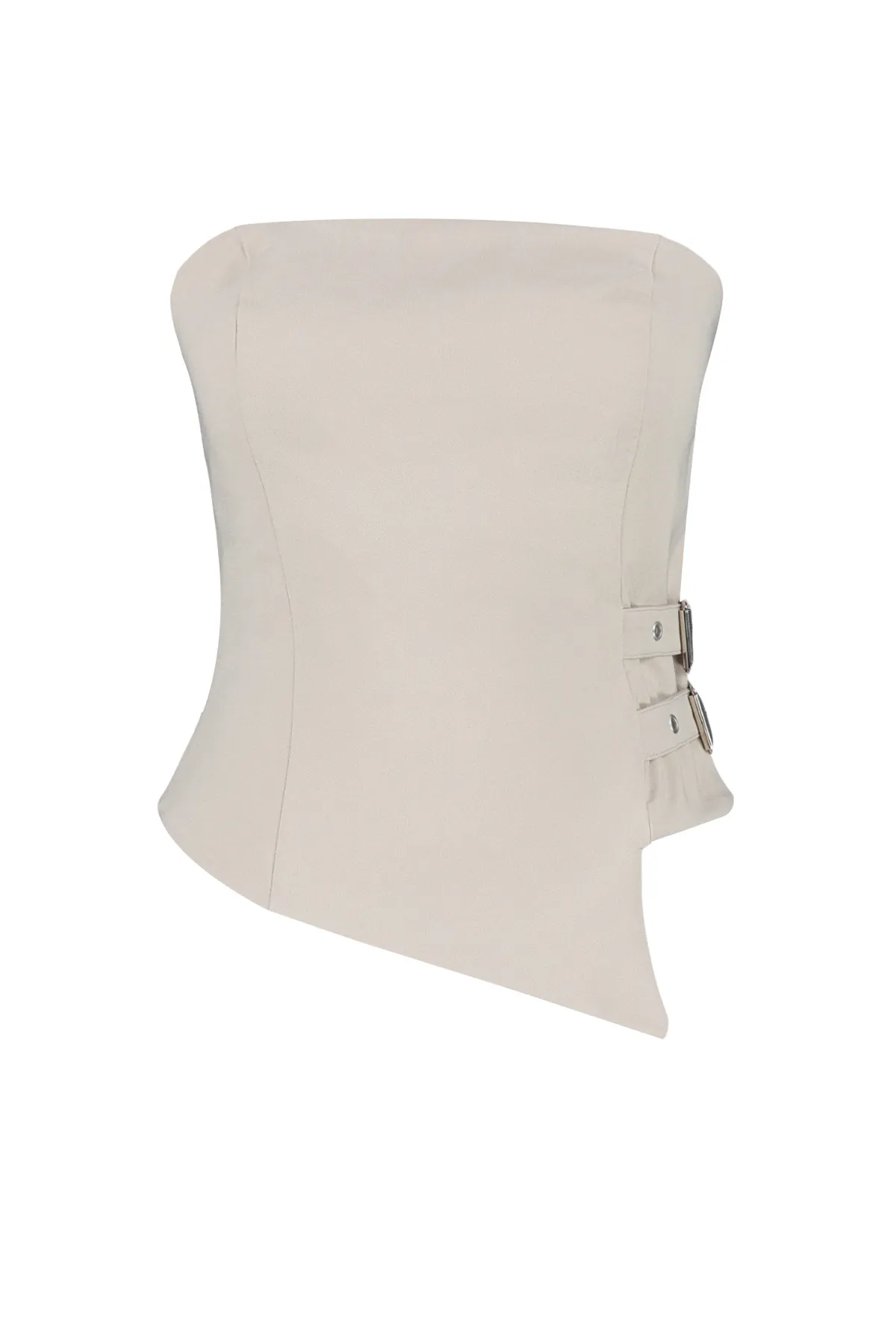 Trendyol Collection  Nerzfarbene, trägerlose, taillierte, gewebte Bluse mit Gürtelschnallendetail TWOSS24BZ00349