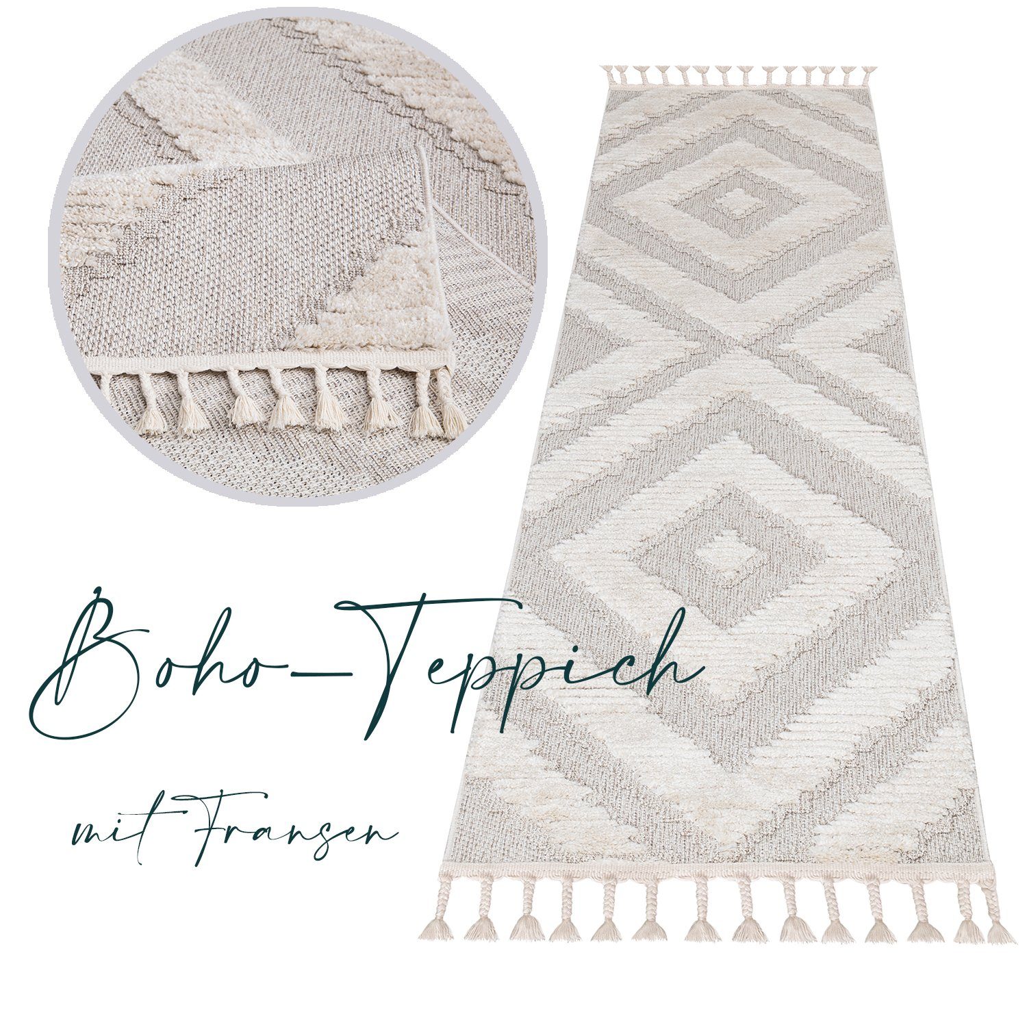Teppich Boho Skandinavisch Style - Hochtief Effekt Cut-& Loop, payé, Rechteckig, Höhe: 20 mm, Ornament Muster - Hochtief Effekt