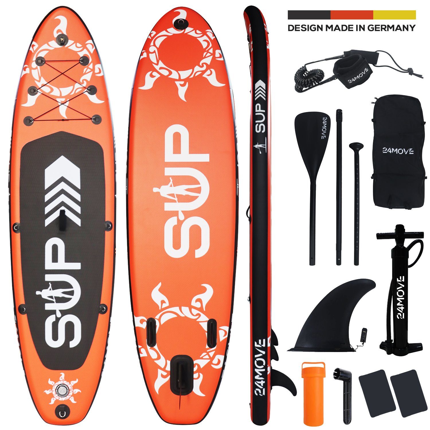 24Move SUP-Board Supboard Set, Premium Stand Up Paddleboard aufblasbar, inkl. Zubehör, Longboard, (Board, Rucksack,Aluminium Paddle,Action Cam Halterung,Sicherungsleine, 6 tlg., für Kinder & Erwachsene, ROT, 366x80, bis 200 kg), mit Drop Stich Techno