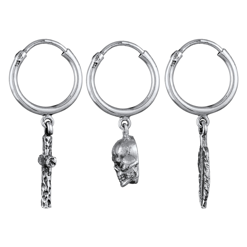 KUZZOI KUZZOI Boucles d'Oreilles Hommes Créoles Croix tête de mort Plume Set de 3 en arg Boucles d'oreilles