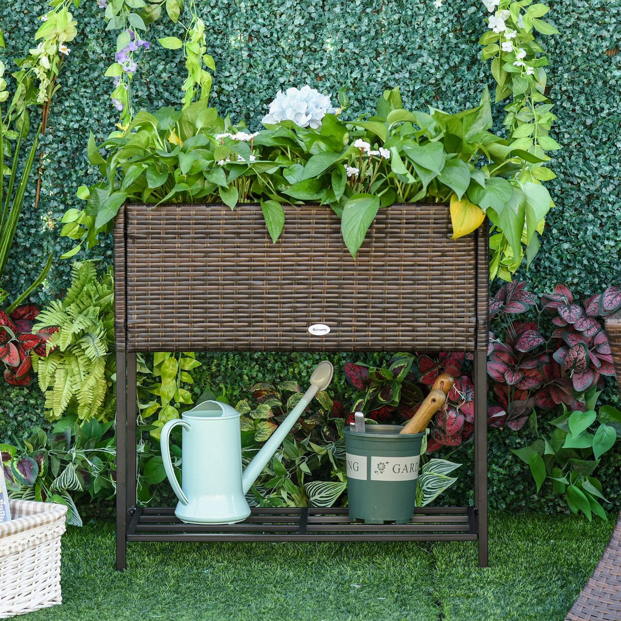 Outsunny Poly Rattan Hochbeet Blumentopf Blumenkasten mit Füßen mit Ablage